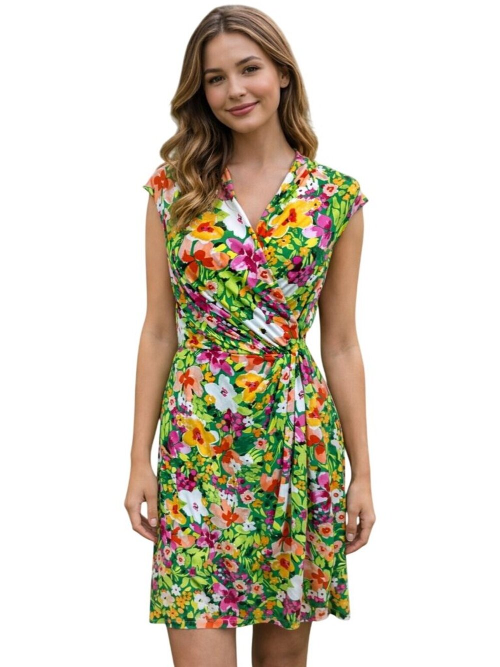 Vince Camuto Faux Wrap Sheath Dress Size 8 Floral Green Pink Spring Summer Boho